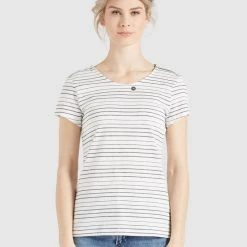 Brandneu 🎉 Khujo RAFAELA - T-Shirt Print - Weiß-schwarz Gestreift, Damen ✔️