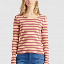 Brandneu ❤️ Khujo SICHUAN - Langarmshirt - Rosa-ocker Gestreift, Damen 🧨